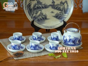 Bộ ấm chén vung lõm quai đồng men lam cổ, cảnh Trúc lâm thất hiền 350ml