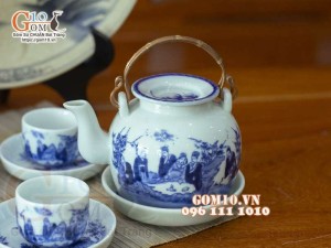 Bộ ấm chén vung lõm quai đồng men lam cổ, cảnh Trúc lâm thất hiền 350ml