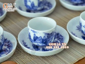 Bộ ấm chén vung lõm quai đồng men lam cổ, cảnh Trúc lâm thất hiền 350ml