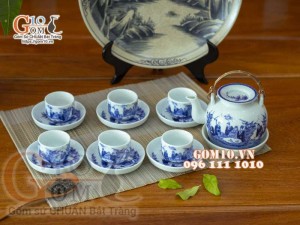 Bộ ấm chén vung lõm quai đồng men lam cổ, cảnh Trúc lâm thất hiền 350ml