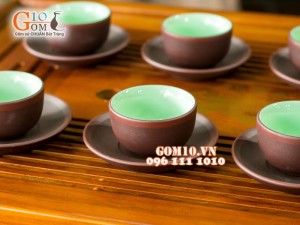 Bộ ấm chén vuông gốm khắc đào đỏ