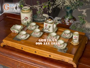 Bộ ấm chén vuông men vuốt, vẽ Sen 340ml, 3 món phụ kiện