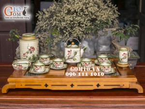 Bộ ấm chén vuông men vuốt, vẽ Sen 340ml, 3 món phụ kiện