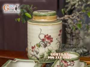 Bộ ấm chén vuông men vuốt, vẽ Sen 340ml, 3 món phụ kiện