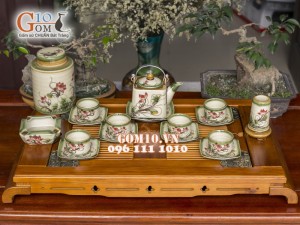 Bộ ấm chén vuông men vuốt, vẽ Sen 340ml, 3 món phụ kiện