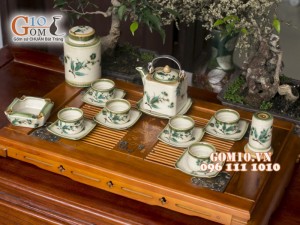 Bộ ấm chén vuông men vuốt, vẽ tre xanh 340ml, 3 món phụ kiện