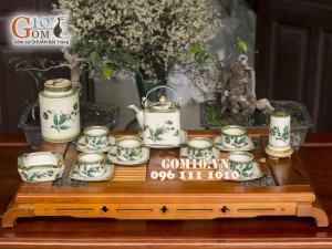 Bộ ấm chén vuông men vuốt, vẽ tre xanh 340ml, 3 món phụ kiện