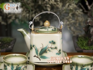 Bộ ấm chén vuông men vuốt, vẽ tre xanh 340ml, 3 món phụ kiện