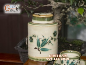 Bộ ấm chén vuông men vuốt, vẽ tre xanh 340ml, 3 món phụ kiện