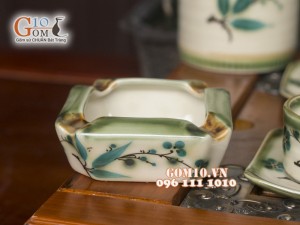 Bộ ấm chén vuông men vuốt, vẽ tre xanh 340ml, 3 món phụ kiện