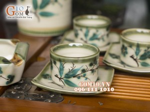 Bộ ấm chén vuông men vuốt, vẽ tre xanh 340ml, 3 món phụ kiện