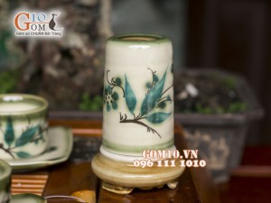 Bộ ấm chén vuông men vuốt, vẽ tre xanh 340ml, 3 món phụ kiện