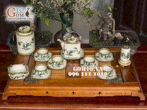 Bộ ấm chén vuông men vuốt, vẽ tre xanh 340ml, 3 món phụ kiện