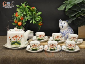 Bộ ấm chén Vuông quai đồng sen đỏ men kem