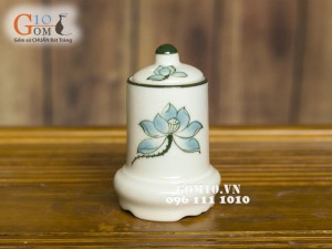 Bộ ấm chén Vuông quai đồng sen xanh men kem, đầy đủ phụ kiện