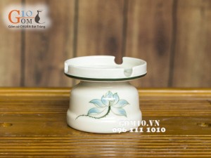 Bộ ấm chén Vuông quai đồng sen xanh men kem, đầy đủ phụ kiện