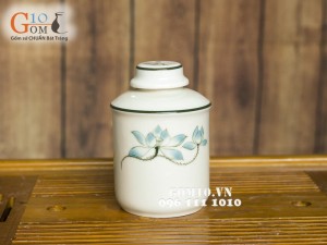 Bộ ấm chén Vuông quai đồng sen xanh men kem, đầy đủ phụ kiện