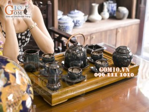 Bộ ấm dáng siêu men hỏa biến chén lòng hoa, đầy đủ phụ kiện 