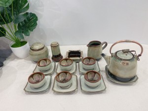 Bộ ấm dáng siêu men hỏa biến nâu, chén lòng hoa, đầy đủ phụ kiện