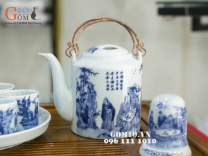 Bộ ấm tích  men lam cổ, cảnh trúc lâm thất hiền, đủ phụ kiện 800ml