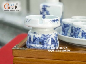 Bộ ấm tích  men lam cổ, cảnh trúc lâm thất hiền, đủ phụ kiện 800ml