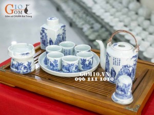 Bộ ấm tích  men lam cổ, cảnh trúc lâm thất hiền, đủ phụ kiện 800ml