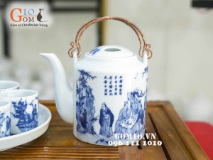 Bộ ấm tích men lam cổ, cảnh trúc lâm thất hiền, 1.5 lít