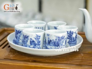 Bộ ấm tích men lam cổ, cảnh trúc lâm thất hiền, 1.5 lít