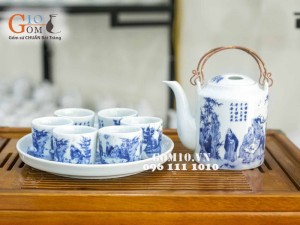 Bộ ấm tích 0.8 lít, men lam cổ, cảnh trúc lâm thất hiền