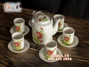 Bộ ấm tích men gốm, họa tiết hoa Phù Dung 1.5L 