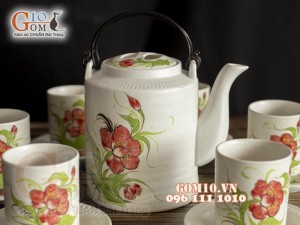 Bộ ấm tích men gốm, họa tiết hoa Phù Dung 1.5L 