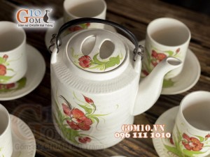 Bộ ấm tích men gốm, họa tiết hoa Phù Dung 1.5L 