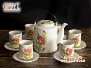 Bộ ấm tích men gốm, họa tiết hoa Phù Dung 1.5L 