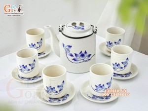 Bộ ấm tích men kem trắng, họa tiết Sen xanh 1.5 Lít