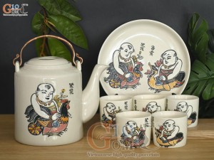 Bộ ấm tích men kem vẽ tranh Đông Hồ Vinh Hoa, 1.5 lít