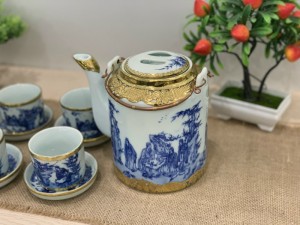 Bộ ấm tích men lam bọc đồng, vẽ trúc lâm thất hiền, 1.5L