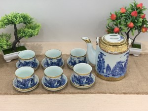 Bộ ấm tích men lam bọc đồng, vẽ trúc lâm thất hiền, 1.5L