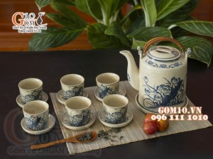 Bộ ấm tích men rạn, họa tiết hoa sen 1.5l