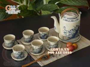 Bộ ấm tích men rạn, họa tiết hoa sen 1.5l