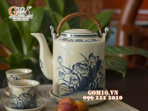 Bộ ấm tích men rạn, họa tiết hoa sen 1.5l