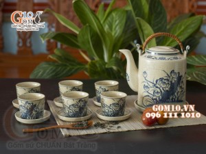 Bộ ấm tích men rạn, họa tiết hoa sen 800ml