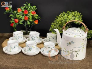 Bộ ấm tích men trắng vẽ chuồn trúc chỉ xanh, dung tích 1.5L