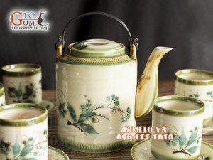 Bộ ấm tích men vuốt, họa tiết tre xanh 1.5L