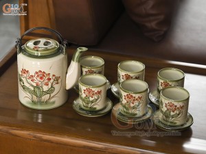 Bộ ấm tích men vuốt vẽ sen đỏ, dung tích 1.5l