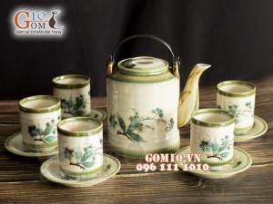 Bộ ấm tích men vuốt vẽ tre xanh, dung tích 800ml