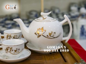 Bộ ấm chén Dáng Bưởi Cành Vẽ Sen Vàng, Chỉ Vàng Kim 