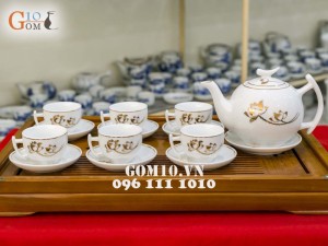 Bộ ấm chén Dáng Bưởi Cành Vẽ Sen Vàng, Chỉ Vàng Kim 