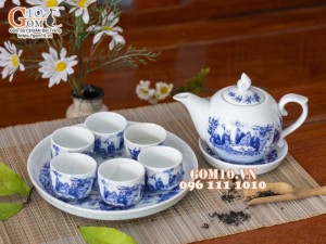 Bộ ấm chén dáng bưởi men lam, cảnh trúc lâm thất hiền dung tích 350ml