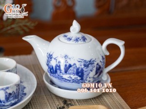 Bộ ấm chén dáng bưởi men lam, cảnh trúc lâm thất hiền dung tích 350ml