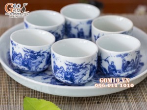 Bộ ấm chén dáng bưởi men lam, cảnh trúc lâm thất hiền dung tích 350ml